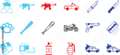 Weapons, illicit drugs, and various dangerous items are presented as a stark collection of stylized icons, highlighting themes of crime, violence, and societal threats.