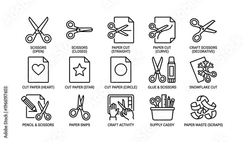 Scissors and paper cutting craft icons set