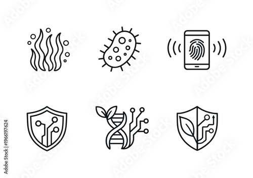 Biotechnology and digital security icons representing science and innovation