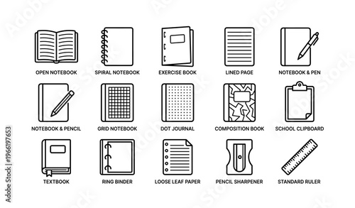Assorted stationery icons: notebooks, journal, clipboard, pencil, sharpener, ruler