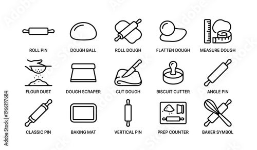 Baking tools icon set with dough rollers and cutters