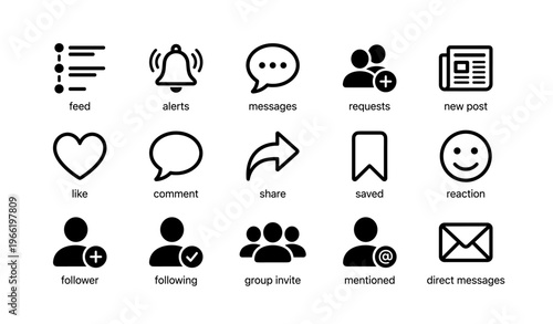 Social media icon set for notifications and communication