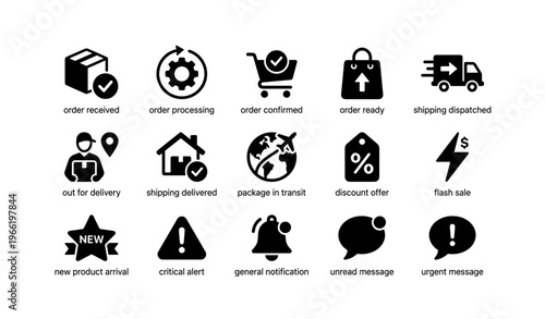 E-commerce icons: order processing, shipping, discount, notifications