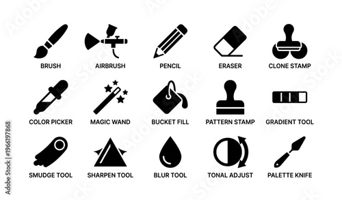 Digital art tools icons set: brush, pencil, eraser, clone stamp