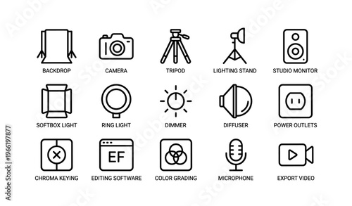 Essential equipment icons for photography and videography studios