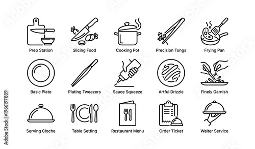 Line icons of culinary tools and techniques for professional cooking