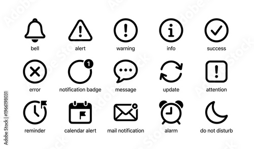 Notification and alert icons set: bell, warning, info, success, error, message, update