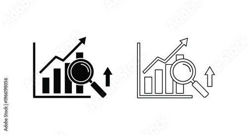 a black and white icon of a magnifying glass over a bar graph with arrows Vector