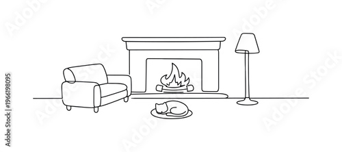 Living room scene with fireplace centered against the wall, comfortable sofa positioned opposite, floor lamp standing nearby and