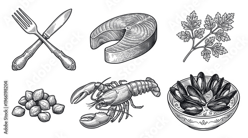 Vintage set of seafood illustrations. Hand drawn lobster, salmon, mussels, and cutlery for a classic restaurant menu design. Engraving style vector collection.