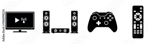 A vector icon set of modern home entertainment electronics. Includes a smart TV, sound system, game controller, and remote control for technology and media concepts.