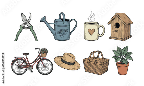 A charming set of hand-drawn vintage icons for gardening and leisure. Includes bicycle, watering can, and basket. Perfect for spring-themed designs and hobby concepts.