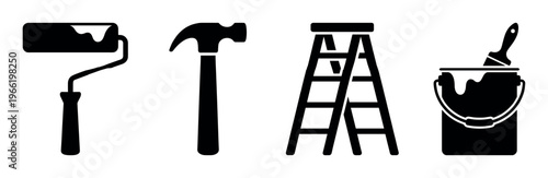 A set of black vector icons for home repair and painting. Includes a roller, hammer, ladder, and paint bucket. Perfect for construction, DIY, and renovation projects.