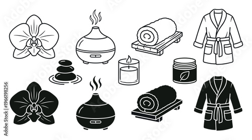 A collection of spa and wellness vector icons. Includes line art and glyph styles for beauty, relaxation, and self-care concepts. Perfect for logos, websites, and branding.