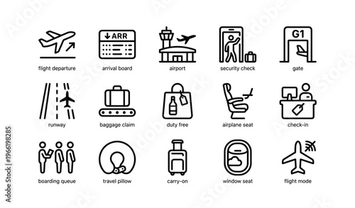 Airport travel icons: departure, arrival, baggage, security, boarding, flight