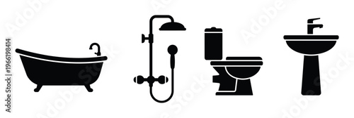 A set of four black vector icons representing bathroom fixtures: bathtub, shower, toilet, and sink. Minimalist symbols for web, signs, and plumbing services.