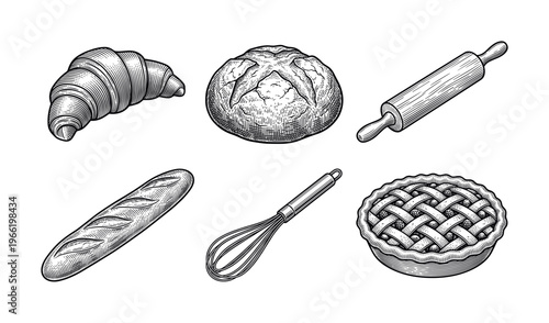 Set of vintage engraved bakery illustrations. Includes bread, croissant, pie, and tools. Hand-drawn retro style for menus, packaging, or artisan branding.