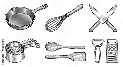 A set of kitchen tools illustrated in a classic engraving style. Ideal for culinary branding, recipes, and food blogs.