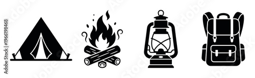 Set of four black vector icons for camping, hiking, and outdoor adventure. Includes tent, campfire, lantern, and backpack symbols. Perfect for web, logo, and travel design.