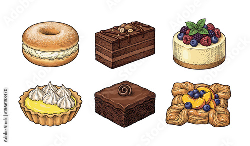 A collection of classic desserts: cake, tart, pastry, cheesecake, and brownie. Vintage vector engraving style illustration for a bakery or cafe menu.