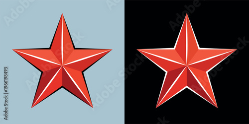 Red star icon. Symbol of the Red Army, military rank on shoulder straps or police. Heraldic sign, five-pointed three-dimensional star. Vector.