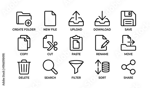 File management icons: create, upload, download, save, organize tasks