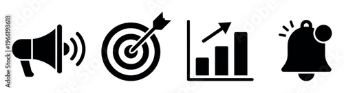 Set of black business icons for digital marketing: megaphone, target, growth chart, and bell. For web, UI design, business strategy presentations, and concepts.