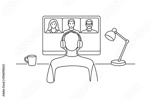 Remote team meeting scene with three small portrait rectangles arranged on a computer monitor, participant seated in front
