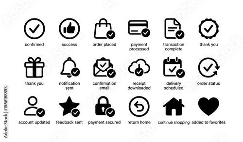 E-commerce icons set: order, payment, and notification symbols