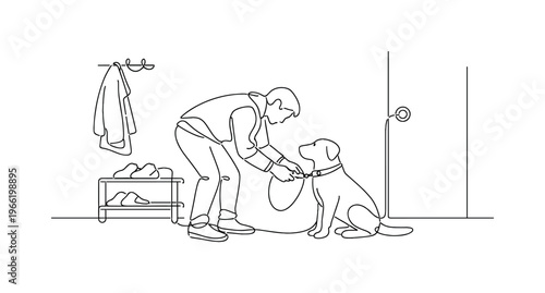 Pet owner bending slightly to attach a leash to a dog’s collar near a front door, small shoe rack and hanging coat visible inside