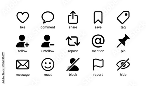 Social media icons: communication, interaction, engagement, sharing, notification symbols