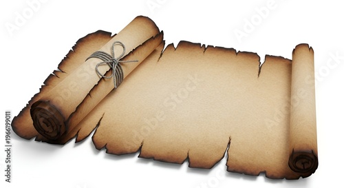 Aged parchment scroll tied with twine on white background, vintage document texture for history or legal themes