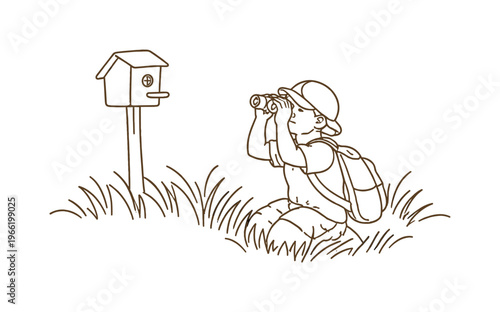 Nature Observation. Child kneeling in tall grass peering through compact binoculars, small backpack lying beside them, wooden
