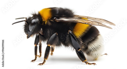 Close-up macro shot of a black and yellow bumblebee on white background with natural lighting
