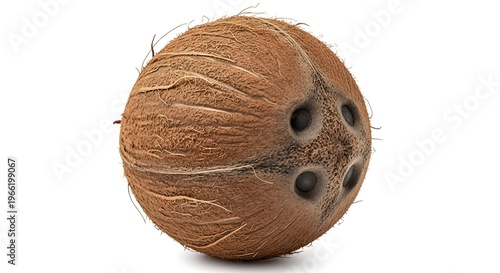 Fresh whole coconut with husk and three eyes isolated on white background