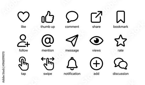 Social media icons set: like, comment, share, follow, notification, discussion