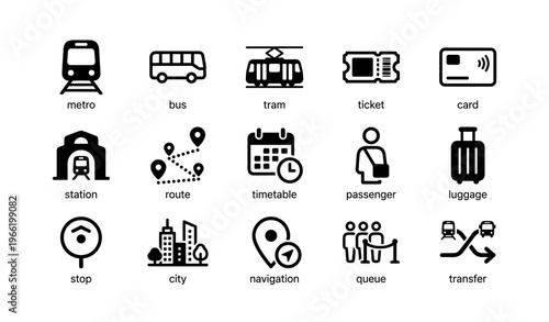 Public transportation icons: metro, bus, tram, ticket, and more
