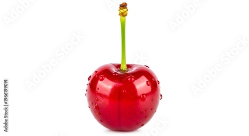 Fresh ripe red cherry with green stem isolated on white background, close-up food photography