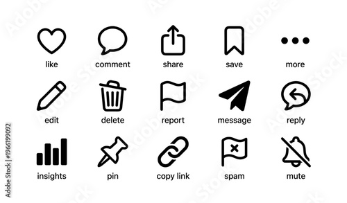 Black and white icons for social media buttons including like comment share edit delete save