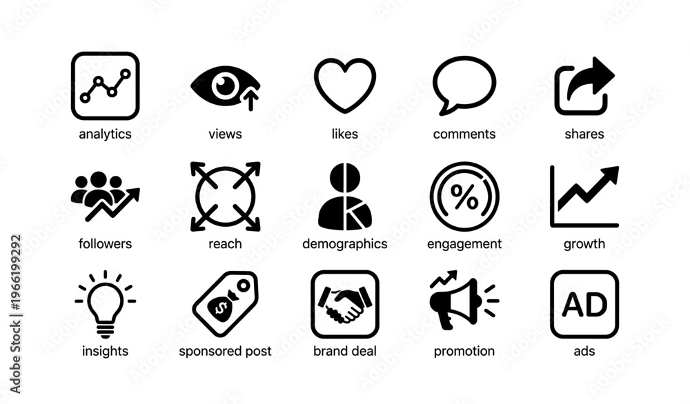 Fototapeta premium Social media metrics icons: analytics, likes, comments, shares, followers, engagement