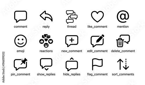 Social media icons: comment, reply, thread, emoji, reactions, edit, delete, flag, pin