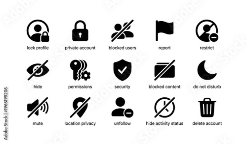 Social media privacy and security icons set in black and white theme