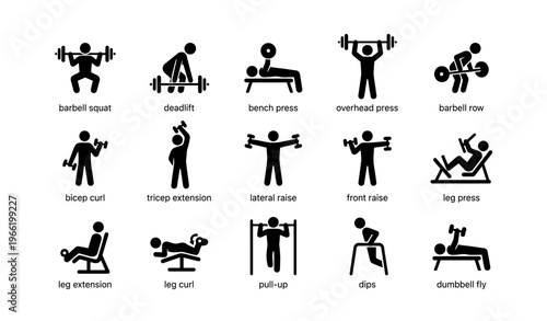 Strength training exercises icons set: squat, deadlift, bench press, overhead press, row