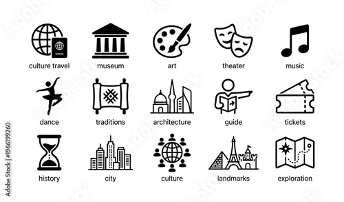 Culture and arts icons representing travel, museum, art, and theater