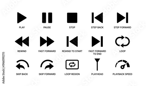 Audio and video control icons: play, pause, stop, fast forward, rewind, loop, skip