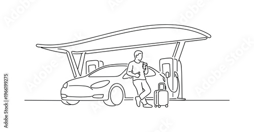 Electric Car Traveler. Highway rest stop scene with fast charging station canopy, electric car parked beneath it, traveler leaning