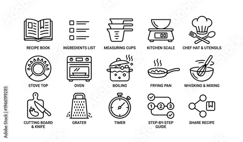Kitchen icons: cooking essentials and tools for recipes