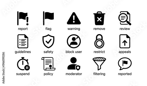 Set of user interface icons for website moderation and safety features