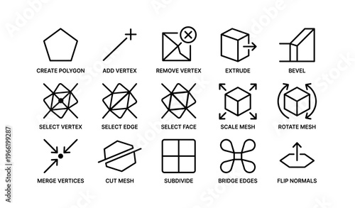 3d modeling icons: polygon, vertex, extrude, bevel, mesh, rotate, subdivide