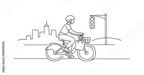 Commuter riding a shared bike along a dedicated lane, helmet secured and tote bag hanging from the handlebar, simple city skyline